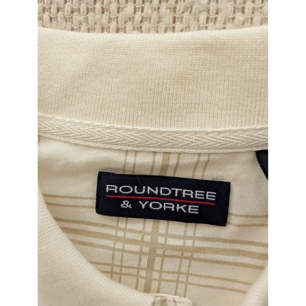 Roundtree & Yorke Mens Large Cream‎ Tan Plaid Cotton Short Sleeve Polo Shirt NWT